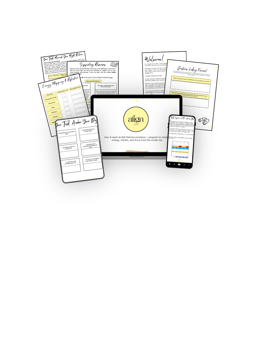 Collection of digital and printed wellness worksheets and guides for the ALIGN method, displayed on a laptop, phone, and printed sheets.