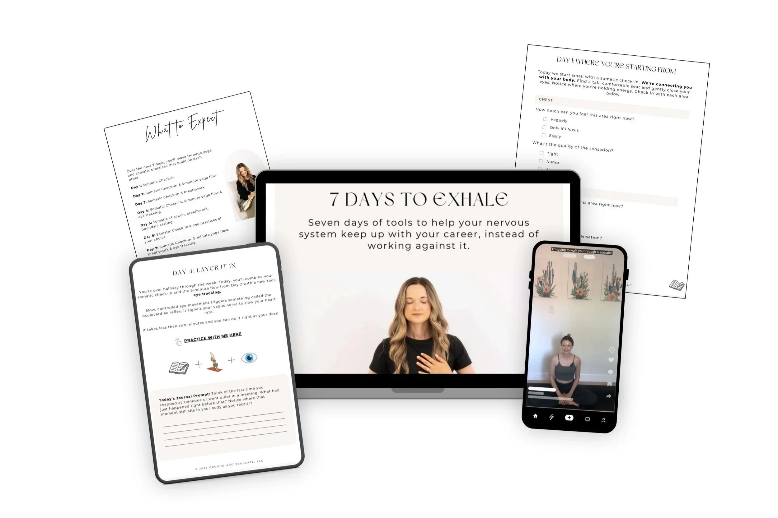 Multiple devices displaying a wellness and meditation program called '7 Days to Exhale' including a laptop, smartphones, and printed materials, with people practicing meditation on video calls.