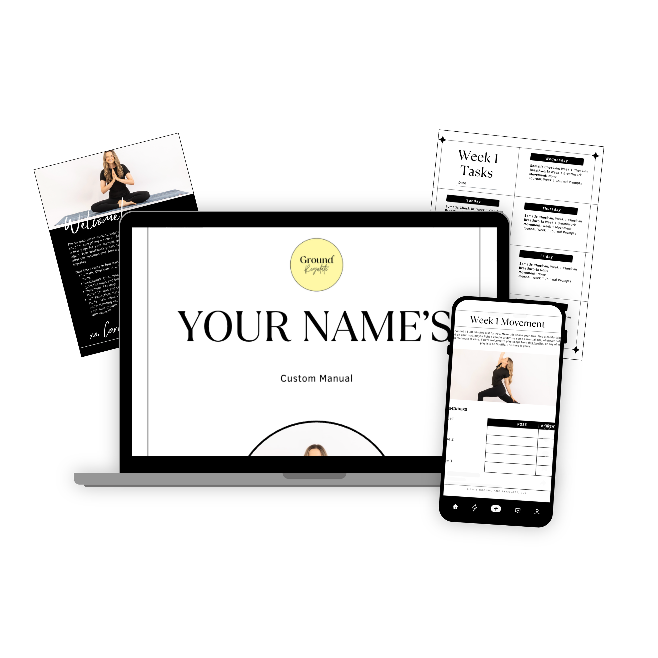 Digital tablet displaying a wellness or yoga program, with printed weekly task sheets, a woman practicing yoga, and a welcome message on a white background.