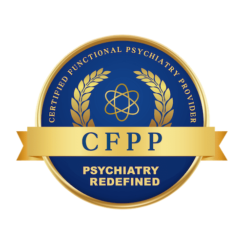 Seal with blue background, gold border, and laurel wreath, featuring the text 'CFPP' and 'Psychiatry Redefined'.