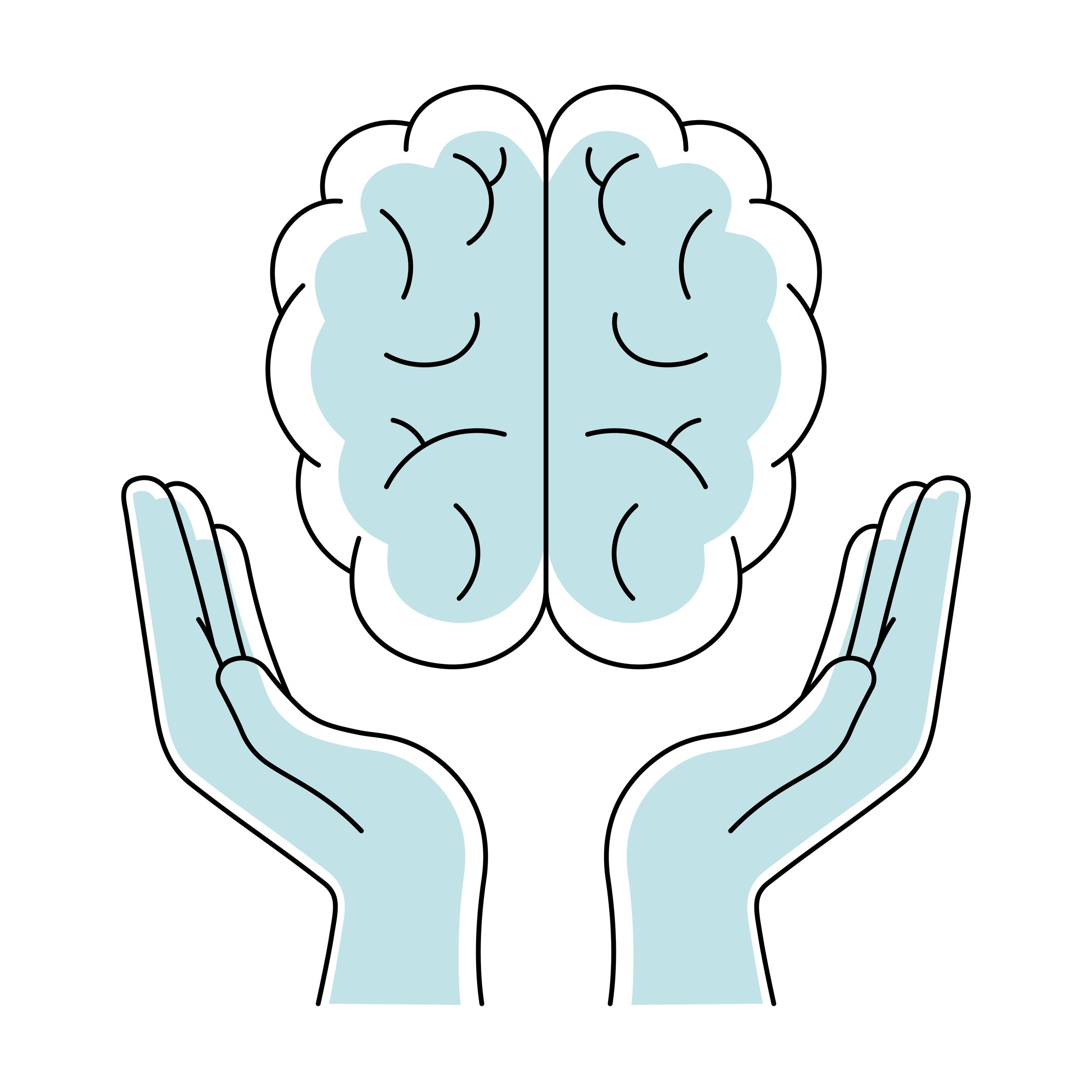 Illustration of a human brain with hands and arms, with a symmetrical design, in light blue and black outline.