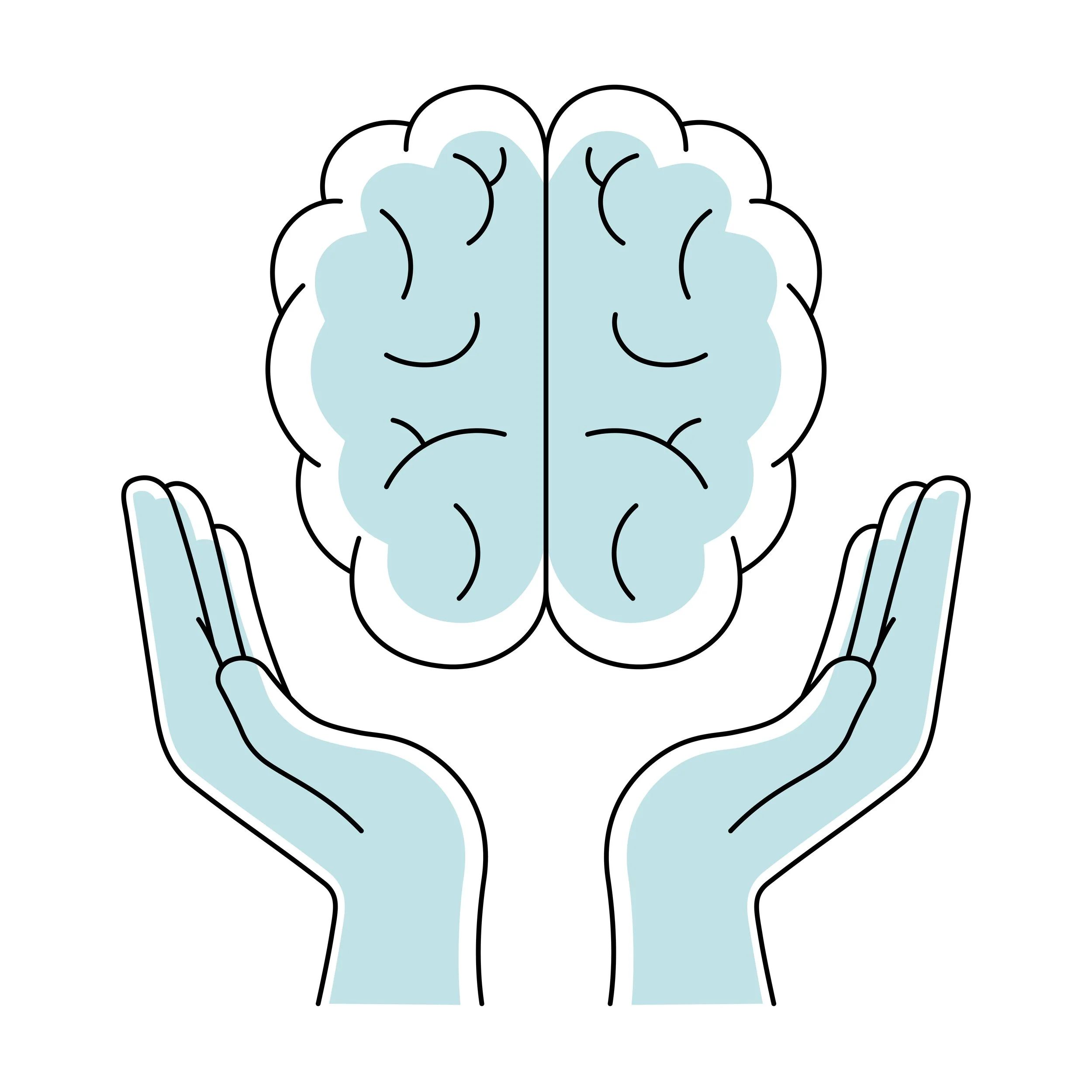 A digital illustration of a human brain with arms, hands, and fingers extended forward, appearing to be in a meditative or relaxed pose.