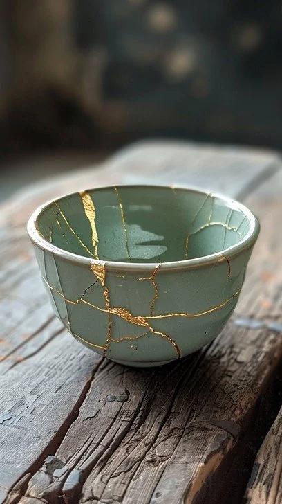 A green ceramic bowl with gold cracks, placed on a rustic wooden surface.