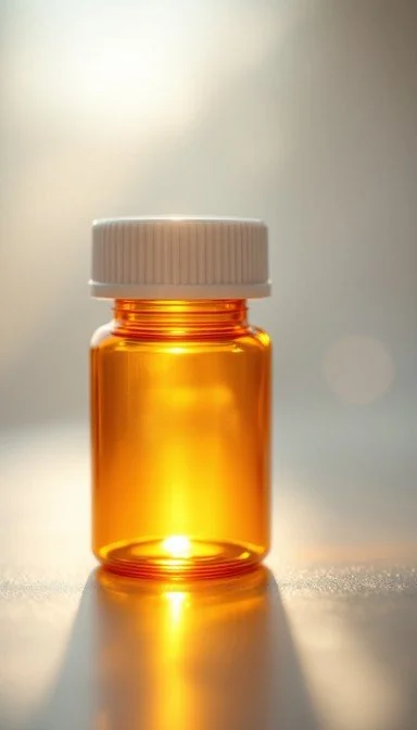 An amber prescription pill bottle with a white child-resistant cap, standing on a reflective surface with soft lighting.