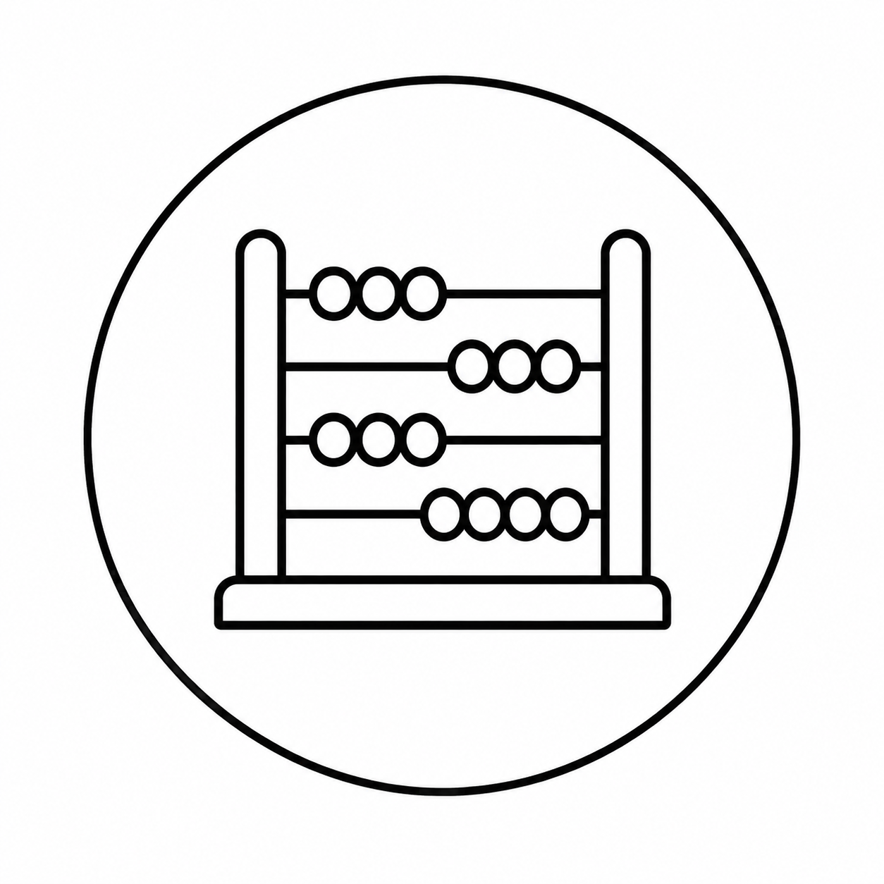 Black and white line drawing of an abacus with multiple rows of beads inside a circular border.