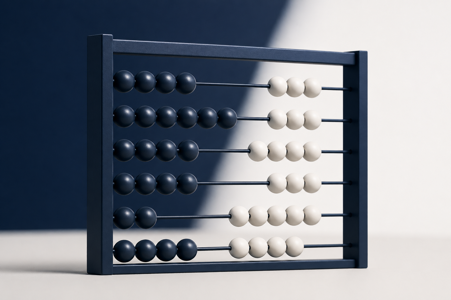 An abacus with black and white beads in a frame, partially in shadow against a divided blue and white background.