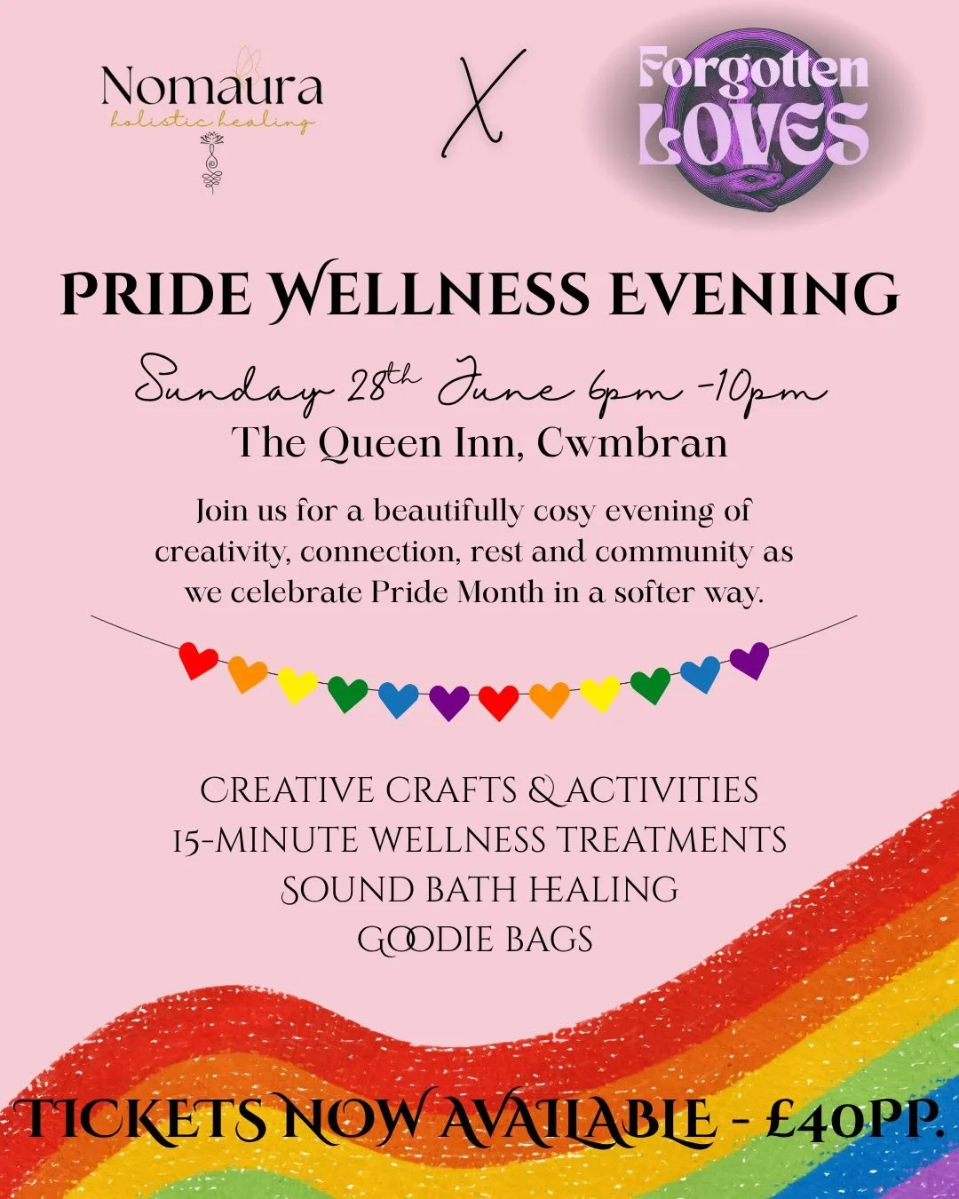 🌈 SOUTH WALES PRIDE WELLNESS EVENT 🌈

We&rsquo;re so excited to finally share this with you.

Join Nomaura and Forgotten Loves for a cosy evening of creativity, connection, rest and community as we celebrate Pride Month in a softer way. 💜

Expect: