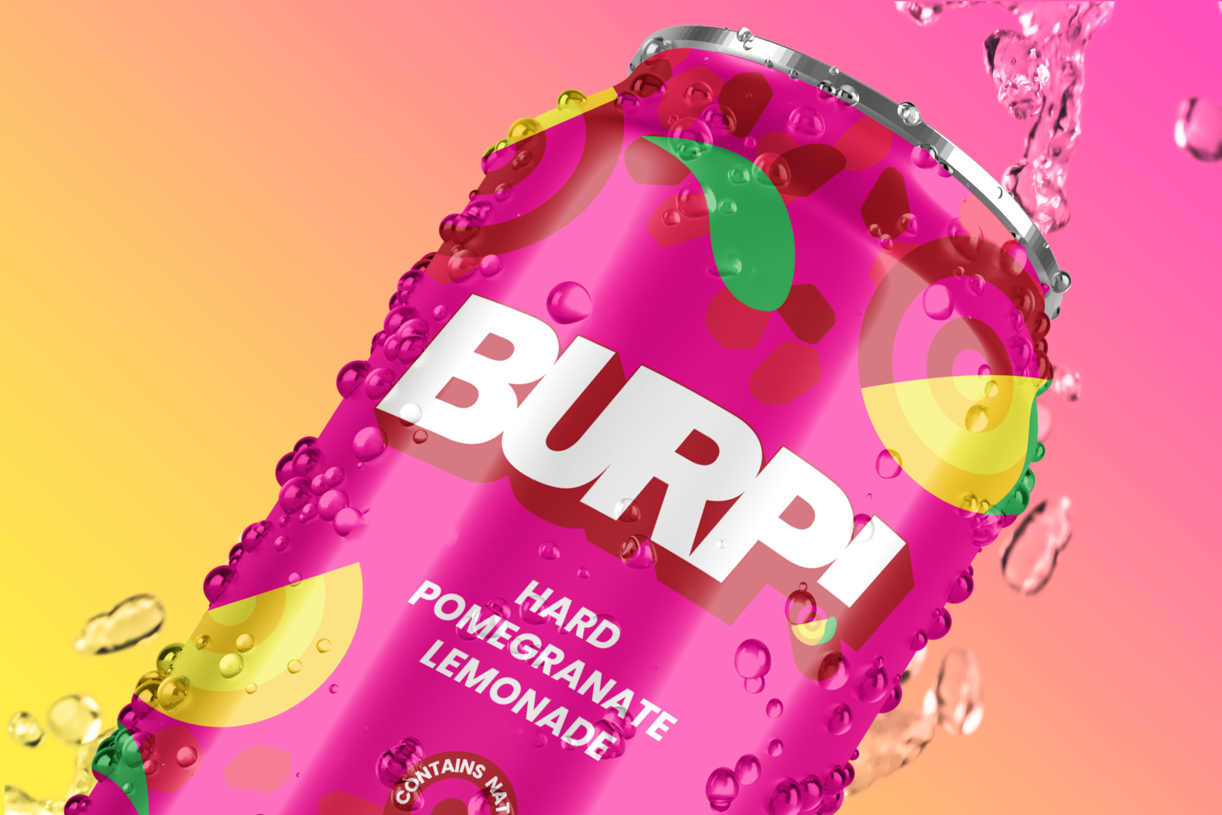 Close-up of a can of Faygo Pink Lemonade soda, with bubbles on the surface and pink background, featuring colorful liquid bubbles and splash.