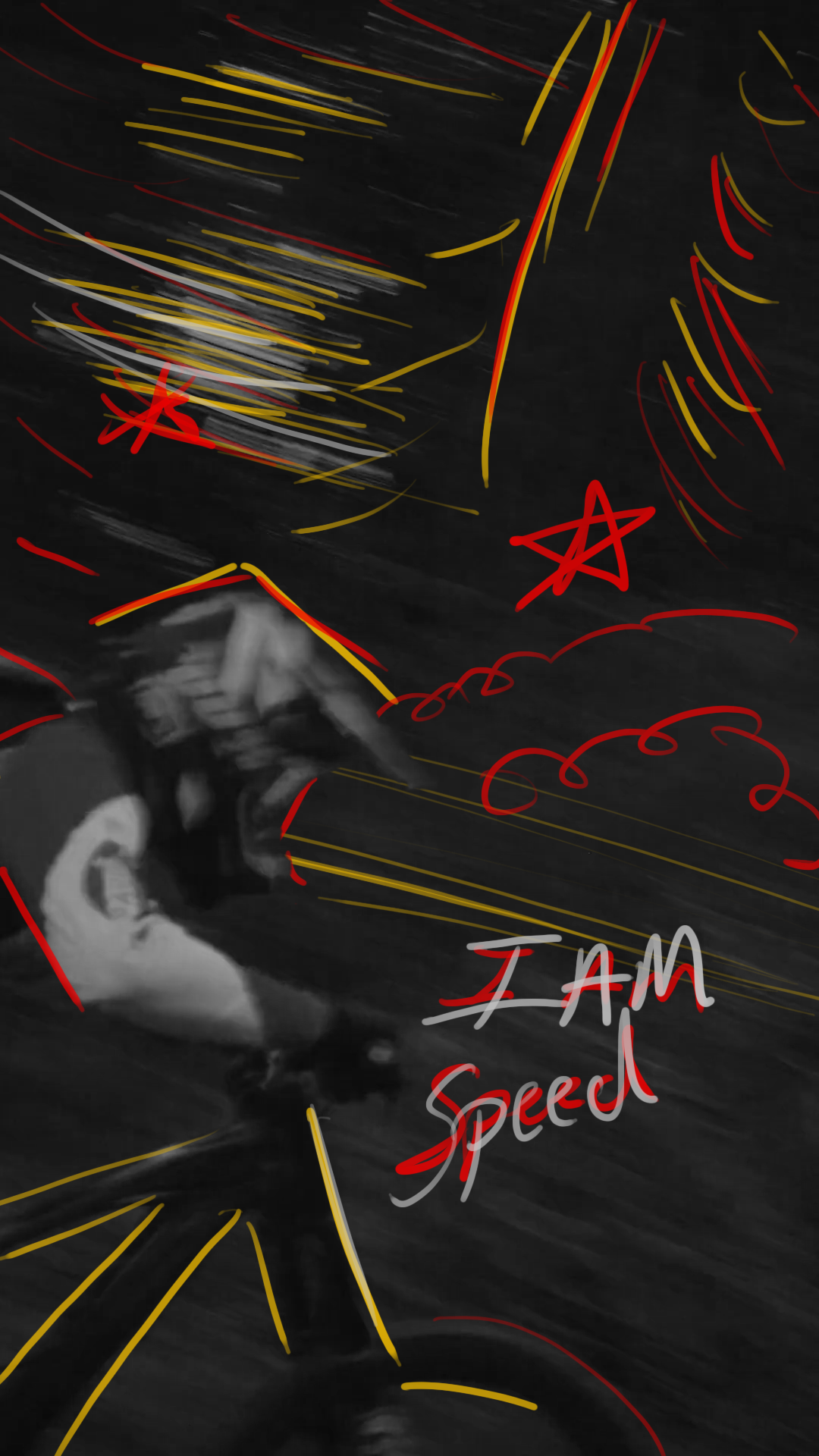 Dark abstract background with scribbled yellow and red lines, red stars, and a blurry black and white photo of a person in motion. Handwritten text reading 'I am speed' in red and white.