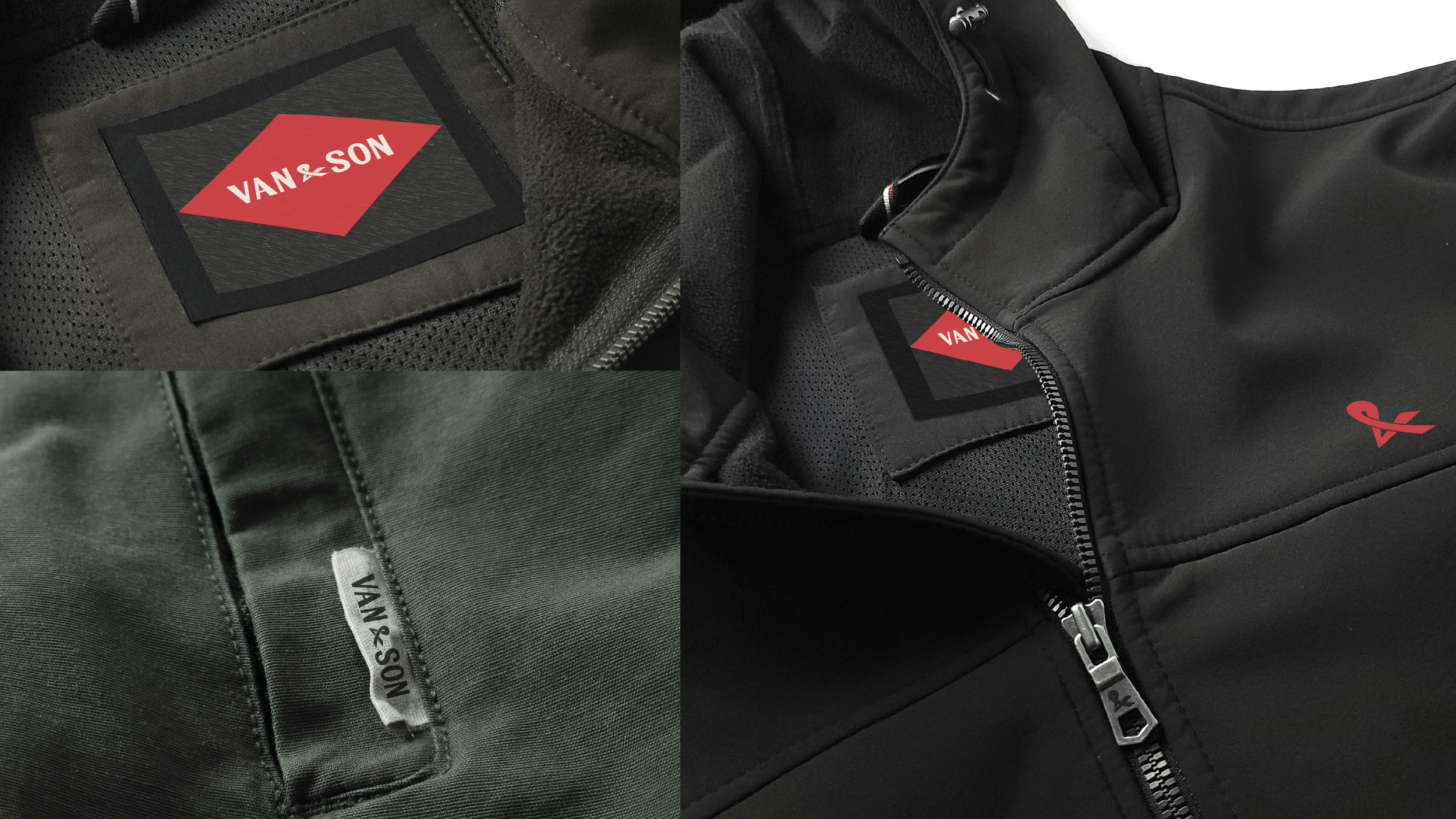 Close-up of black Vans & Son branded clothing with visible zippers, tags, and logo details.