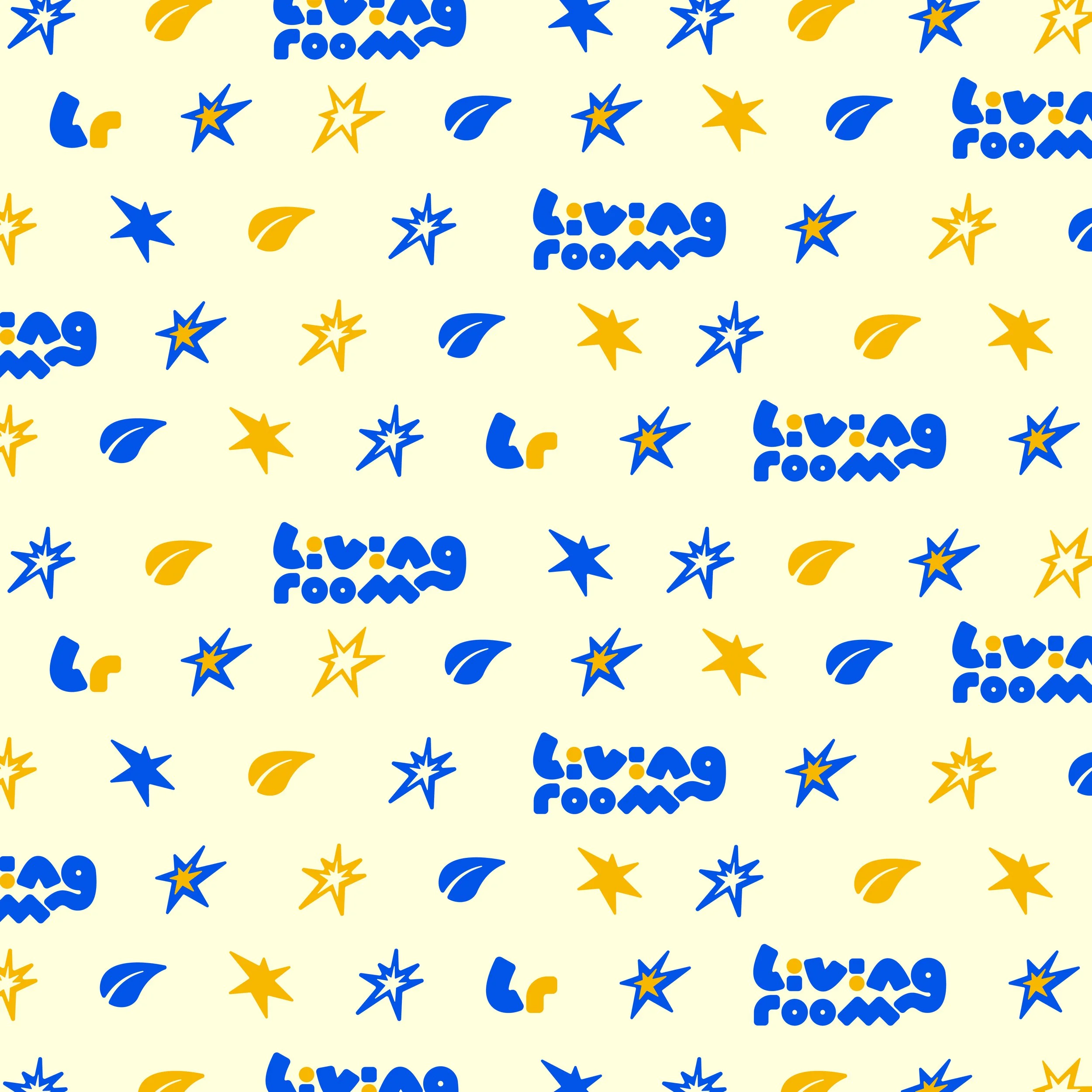 Pattern with blue and yellow stars on a light yellow background, with the words 'living room' in blue, stylized, repeated throughout.