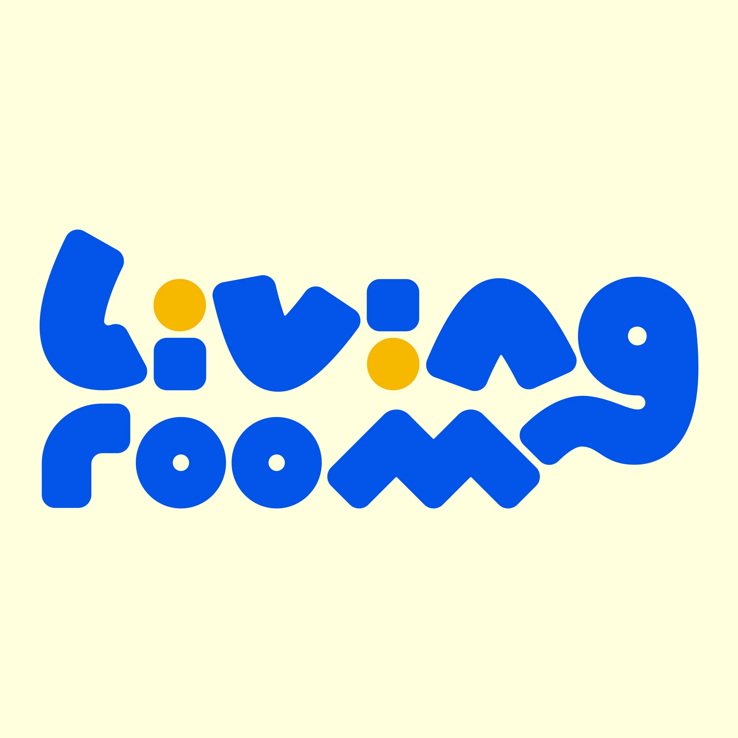 Living Room logo. A colorful text logo with large blue and yellow shapes on a pale yellow background.