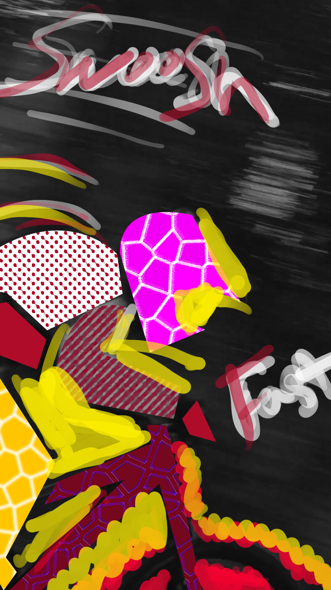 Digital illustration of a hand holding a pink and purple textured sphere, with neon and abstract elements, and the words 'Shop' and 'Fresh' written in a colorful, stylized font.