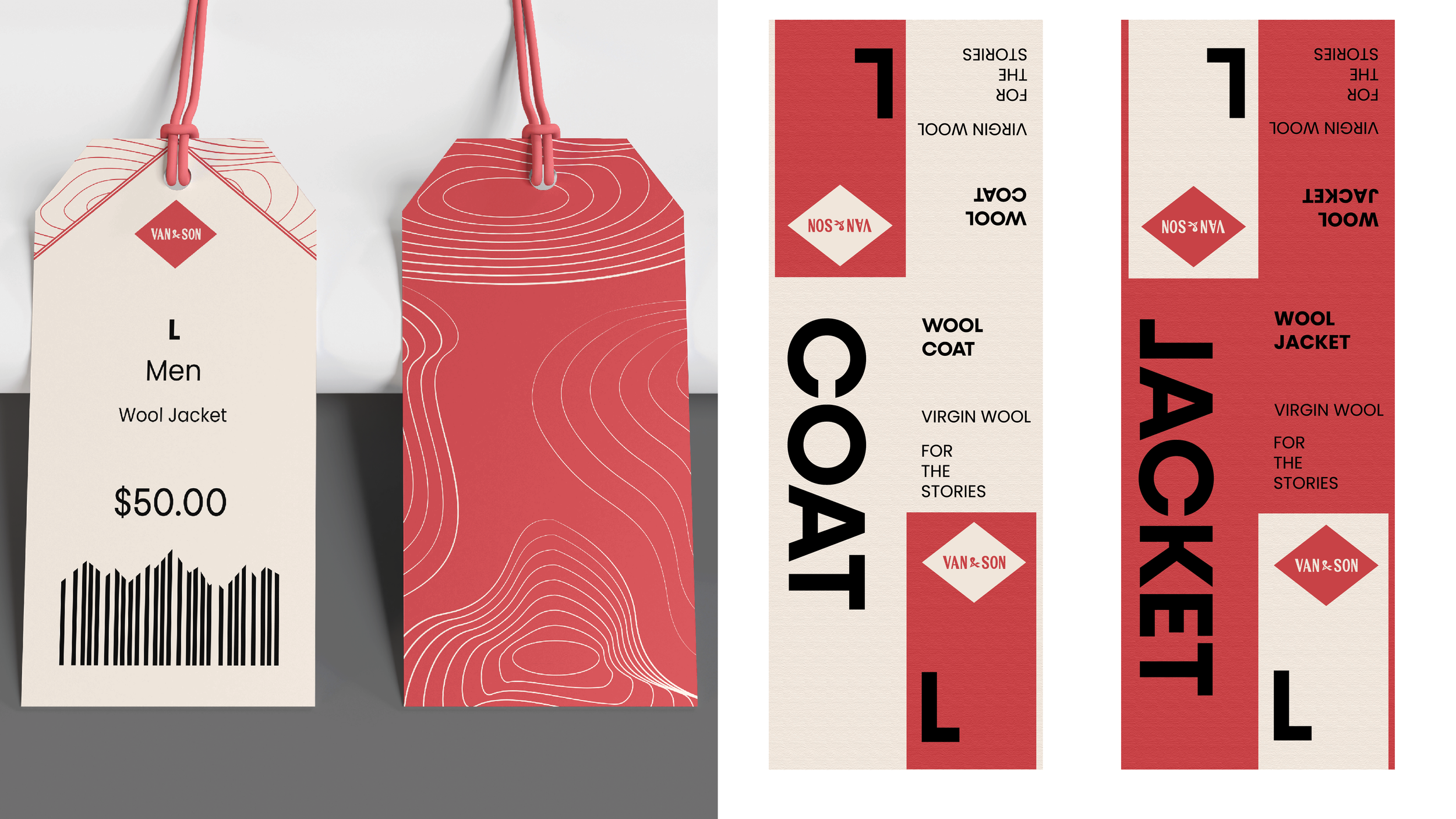 Two retail tags, one facing forward and the other turned around. The front tag is off-white with black text, indicating a men's wool jacket priced at $50. The back tag is red with a white label and black text providing additional product information about a virgin wool coat for stories by Van & Son.