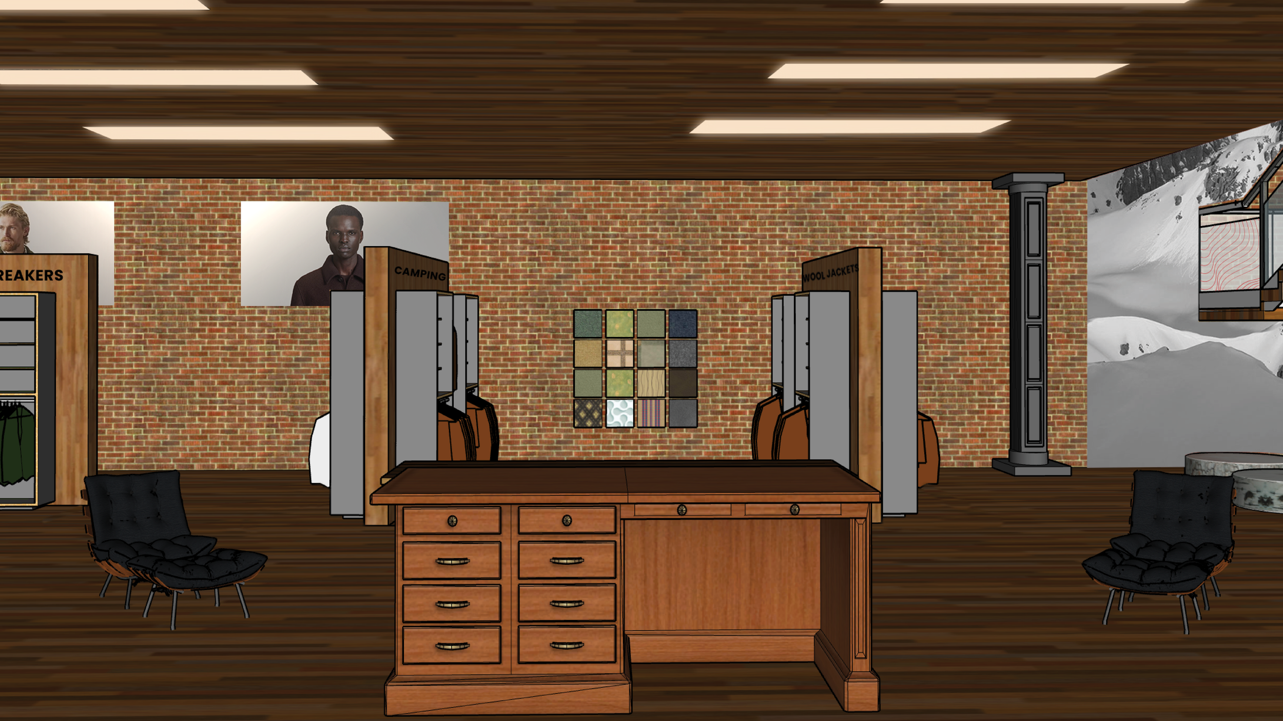 Interior of a retail clothing store with brick walls, display shelves, and nearby snow-covered mountain scenery visible through large windows.