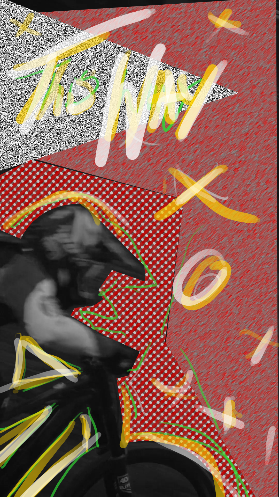 An artistic collage featuring a black and white photo of a person with arms raised, overlaid with colorful abstract shapes, handwritten text saying "This Way" and various arrows, all set against a red textured background.