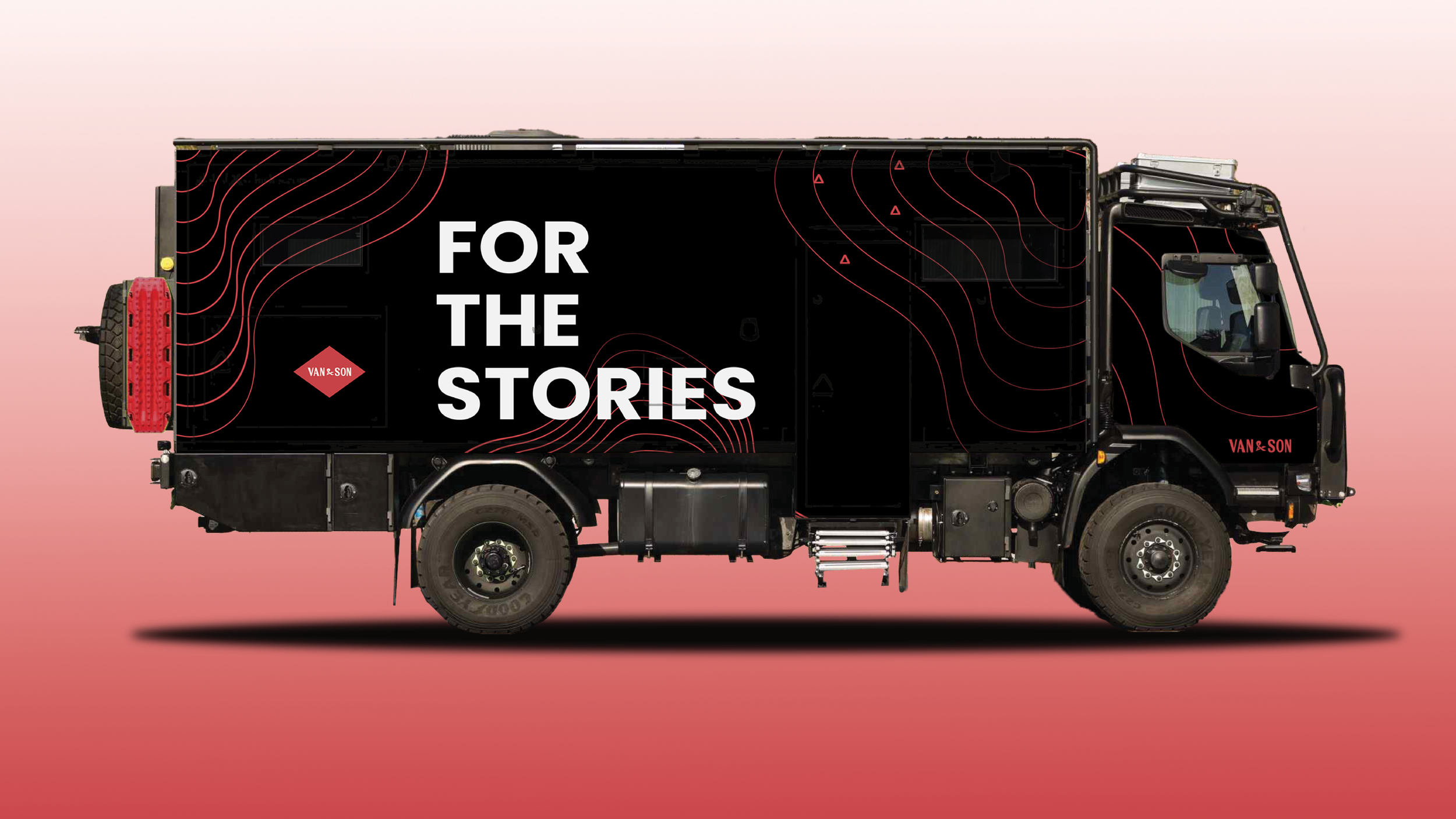 Black delivery truck with the phrase 'For the Stories' in large white letters on its side, featuring topographical line design, against a pink background.