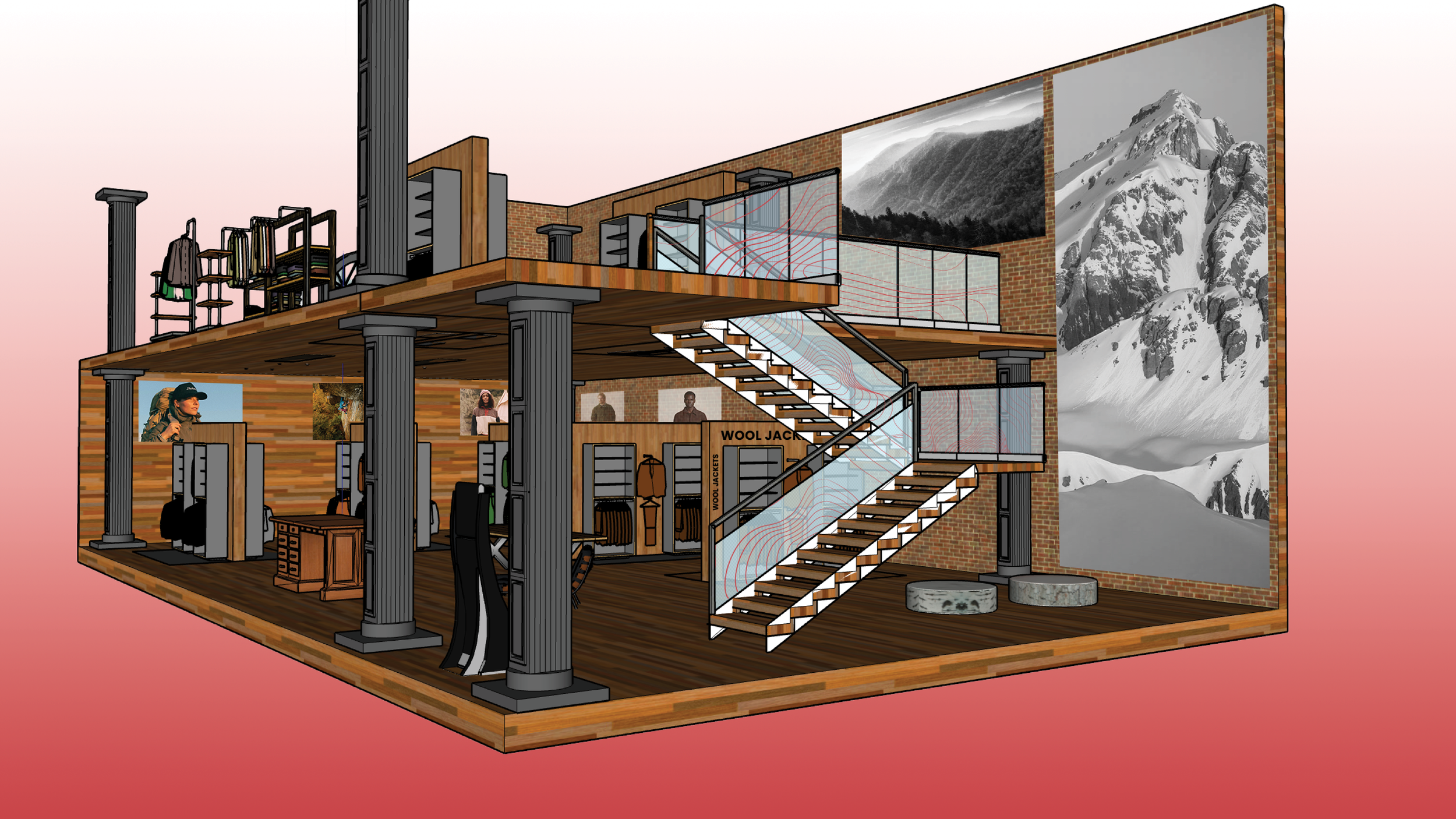 A detailed cutaway illustration of a multi-level retail store interior with clothing displays, stairs, and seating, featuring mountain landscape artwork on the walls.