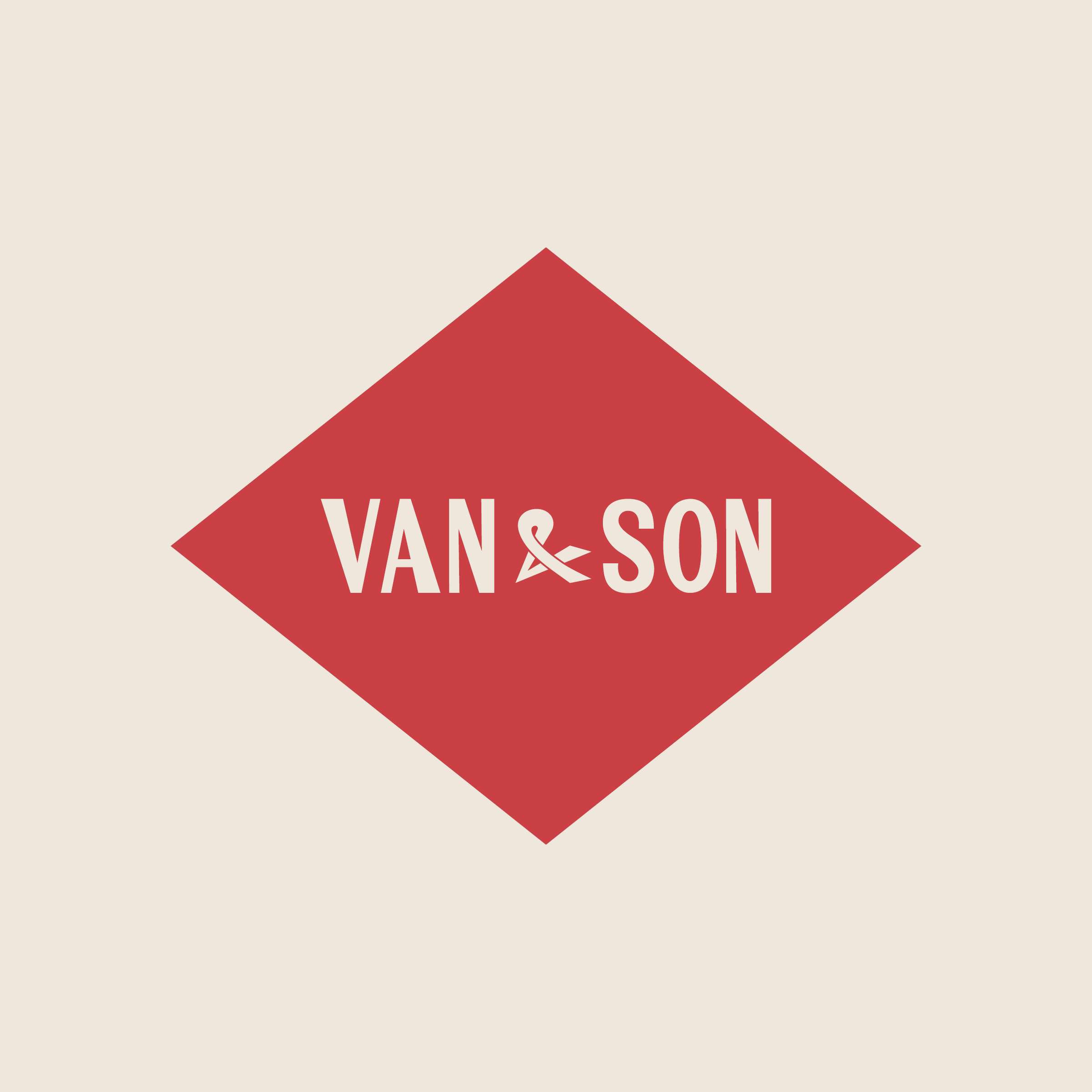 A red diamond-shaped sign with white text reading 'VANS & SON' on a beige background.