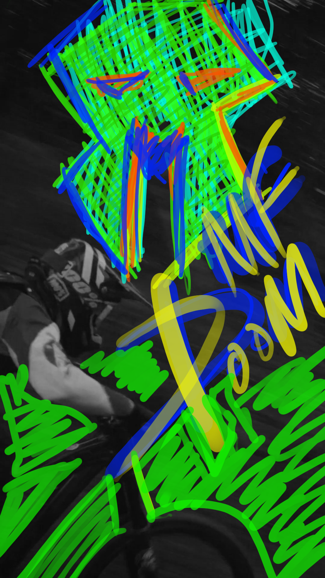 A person wearing a helmet and protective gear is in a racing or skating setting. The image is overlaid with brightly colored, abstract, and scribbled lines, words, and shapes in green, yellow, red, blue, and orange, making the scene lively and chaotic.