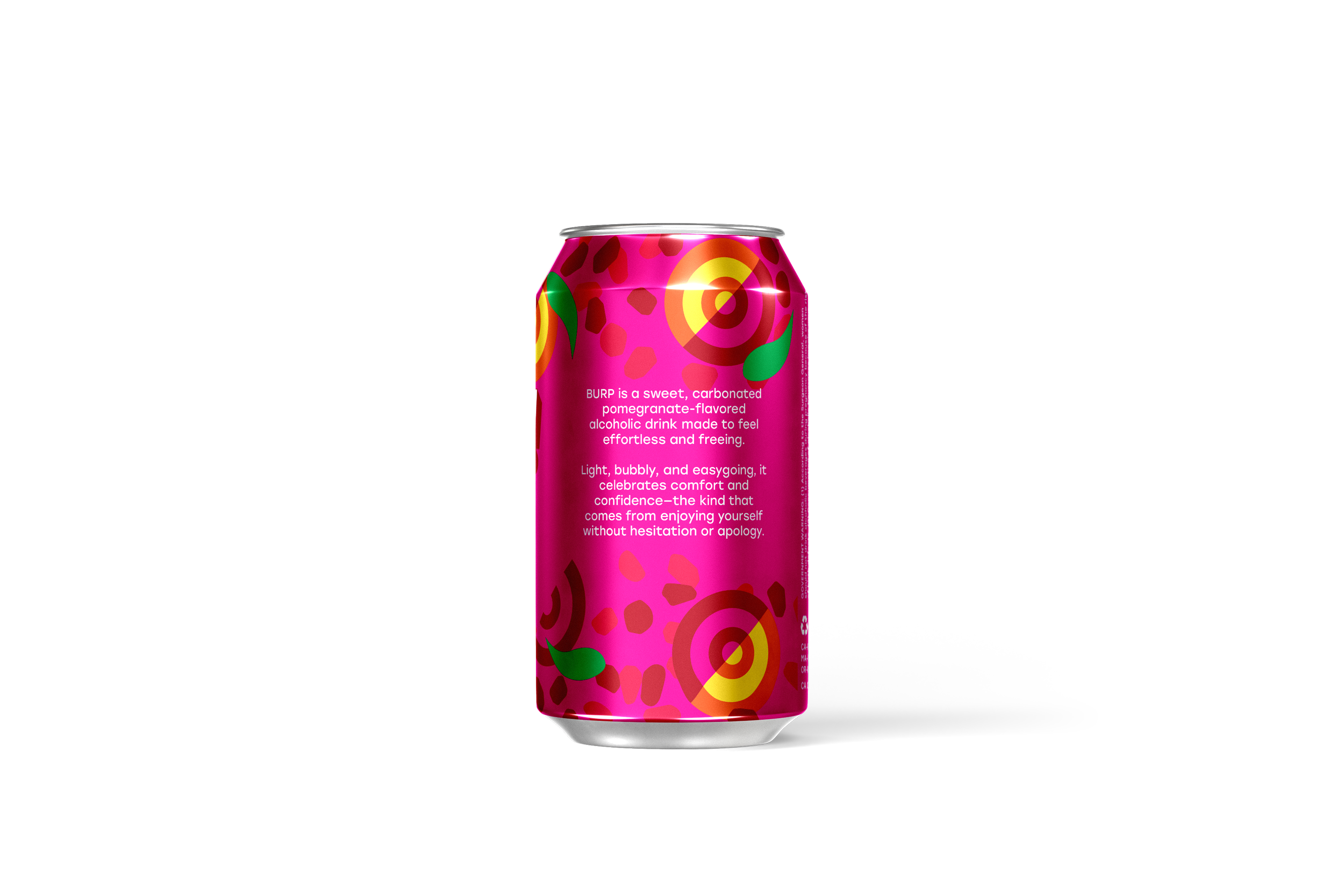 Bright pink can of Burp beverage with colorful abstract swirl and circle pattern, featuring a description of the drink's flavor and purpose.