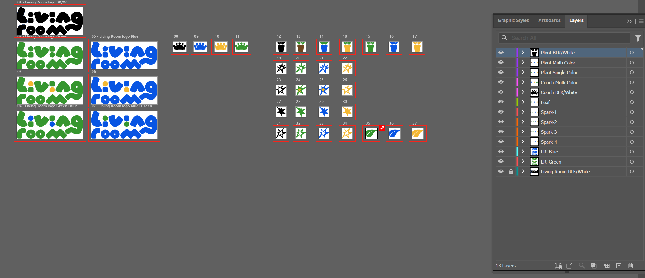 A screenshot of a graphic design workspace showing multiple versions of a logo with the text "Living Room" in various colors and styles, alongside layers and color options in a design software.