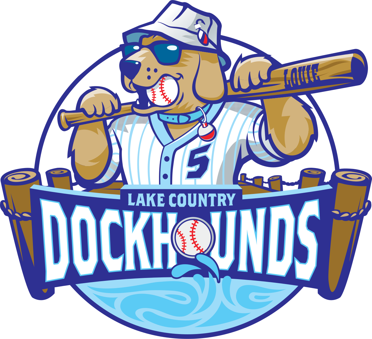 An animated mascot of a dog wearing sunglasses, a baseball jersey, and a hat, holding a baseball bat inscribed with 'LOUIE', with a baseball in its mouth, surrounded by log elements and a banner that reads 'Lake Country Dockhounds' with a baseball and a lakeside design.