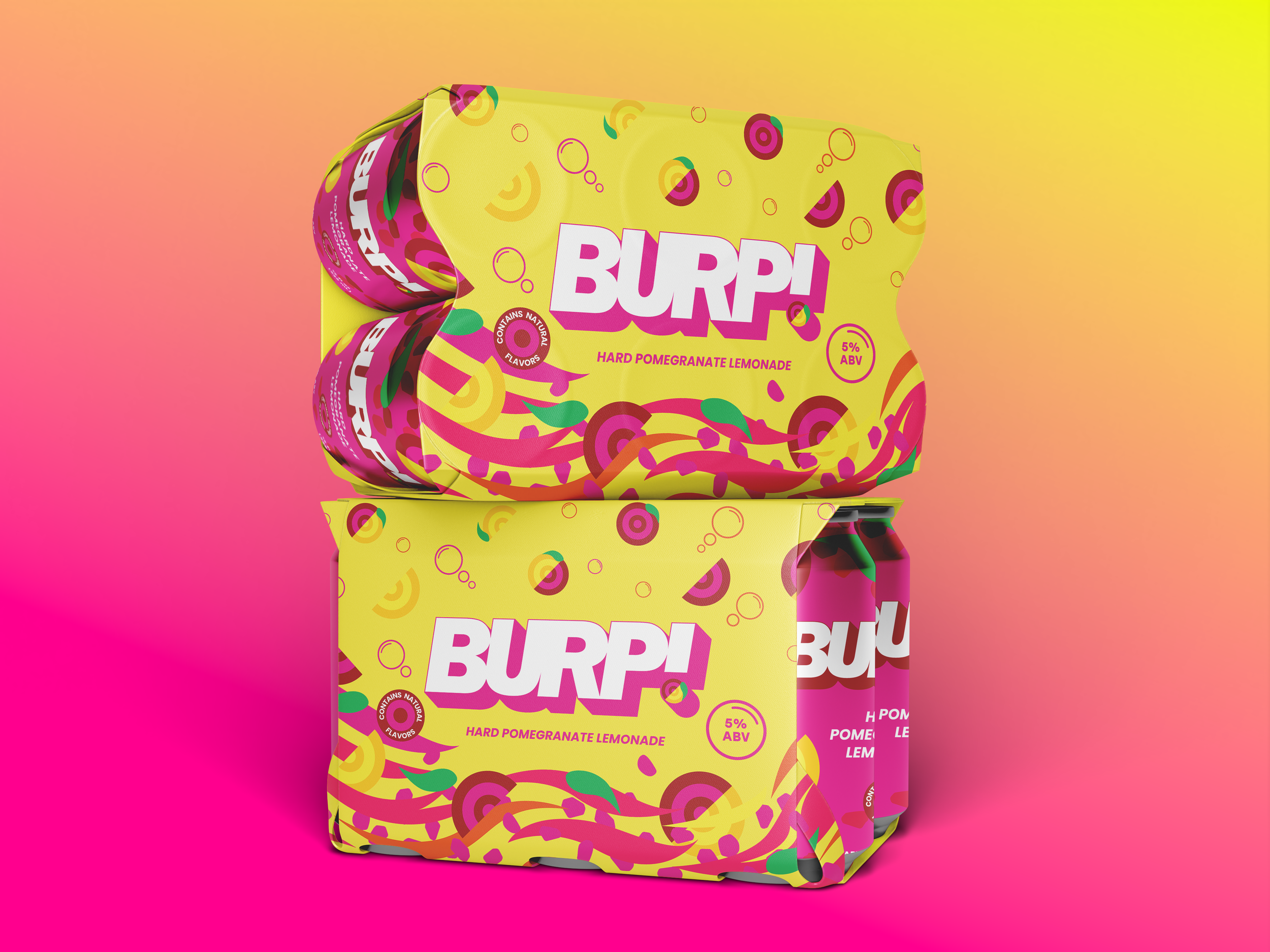 Multiple cans of BURP brand hard pomegranate lemonade flavored beverage with yellow packaging decorated with colorful abstract patterns on a pink to yellow gradient background.
