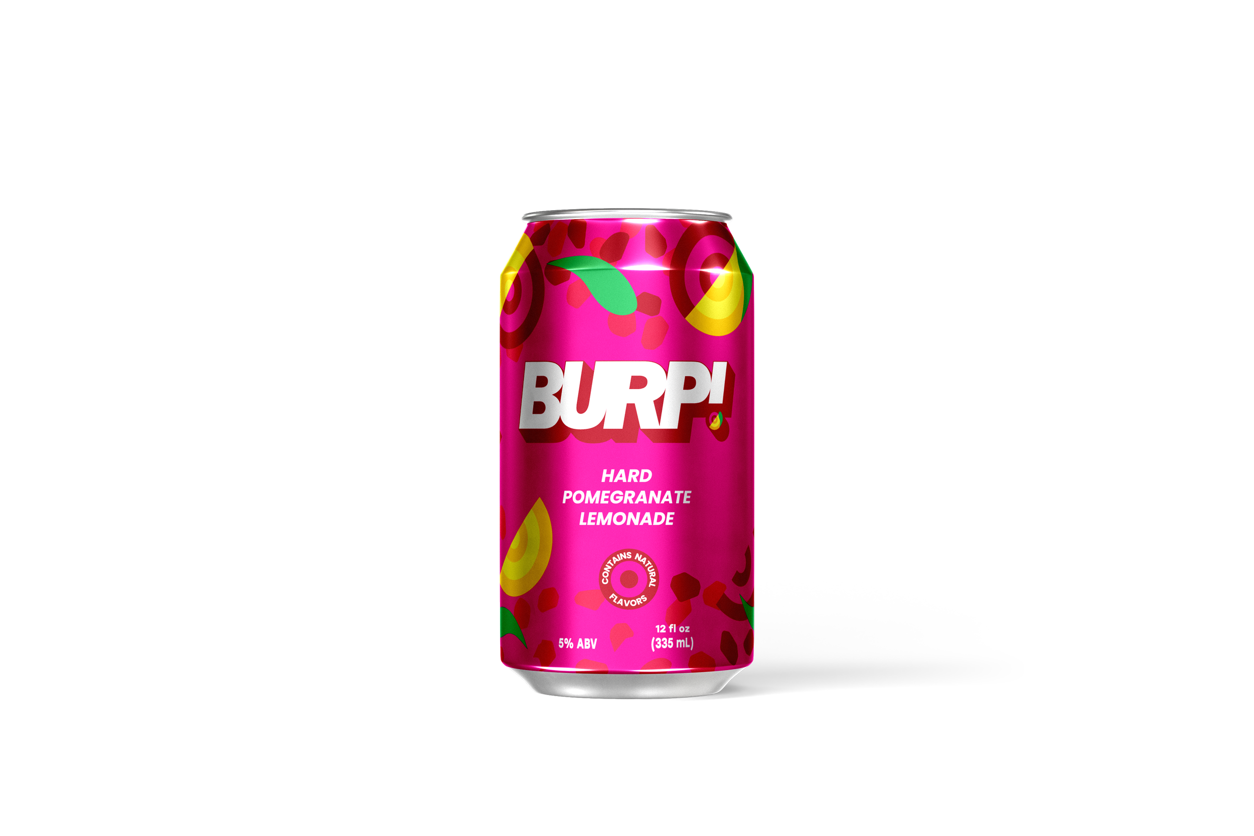 A can of Burpi Hard Pomegranate Lemonade beverage, pink with colorful abstract designs, indicating it contains natural flavors, with 5% alcohol by volume.