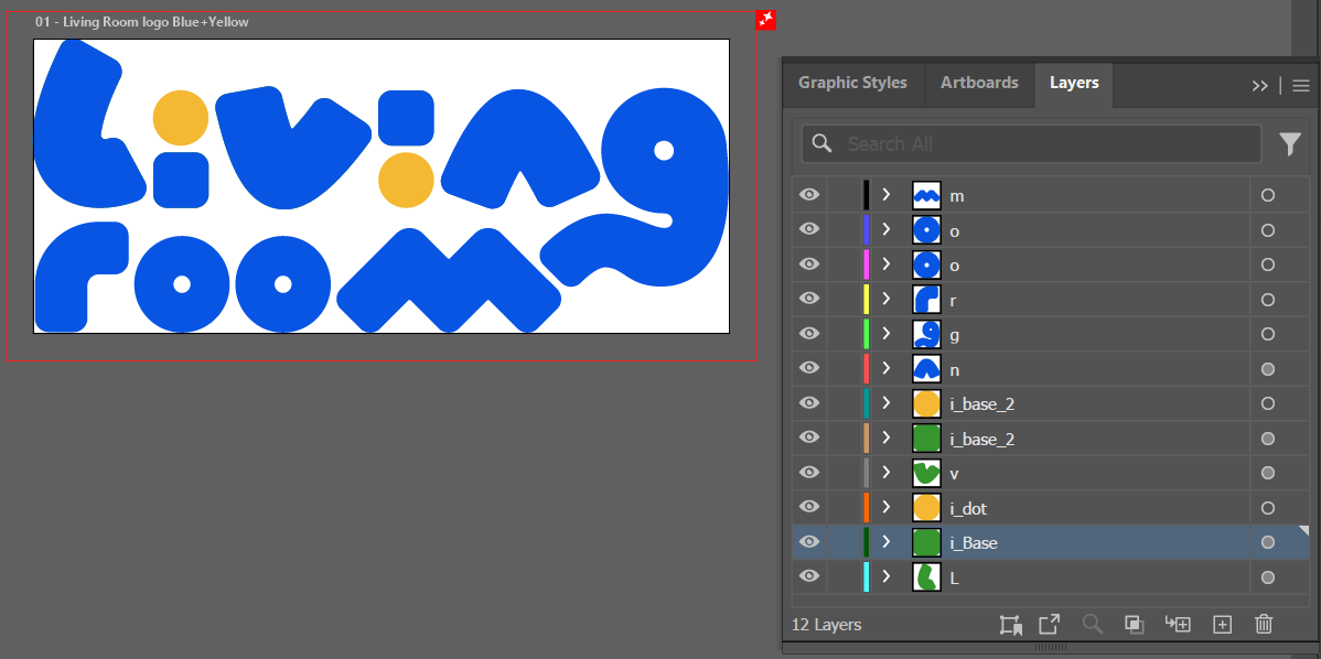 Colorful text reading 'living room' in a playful, bubble-style font with yellow and blue colors.