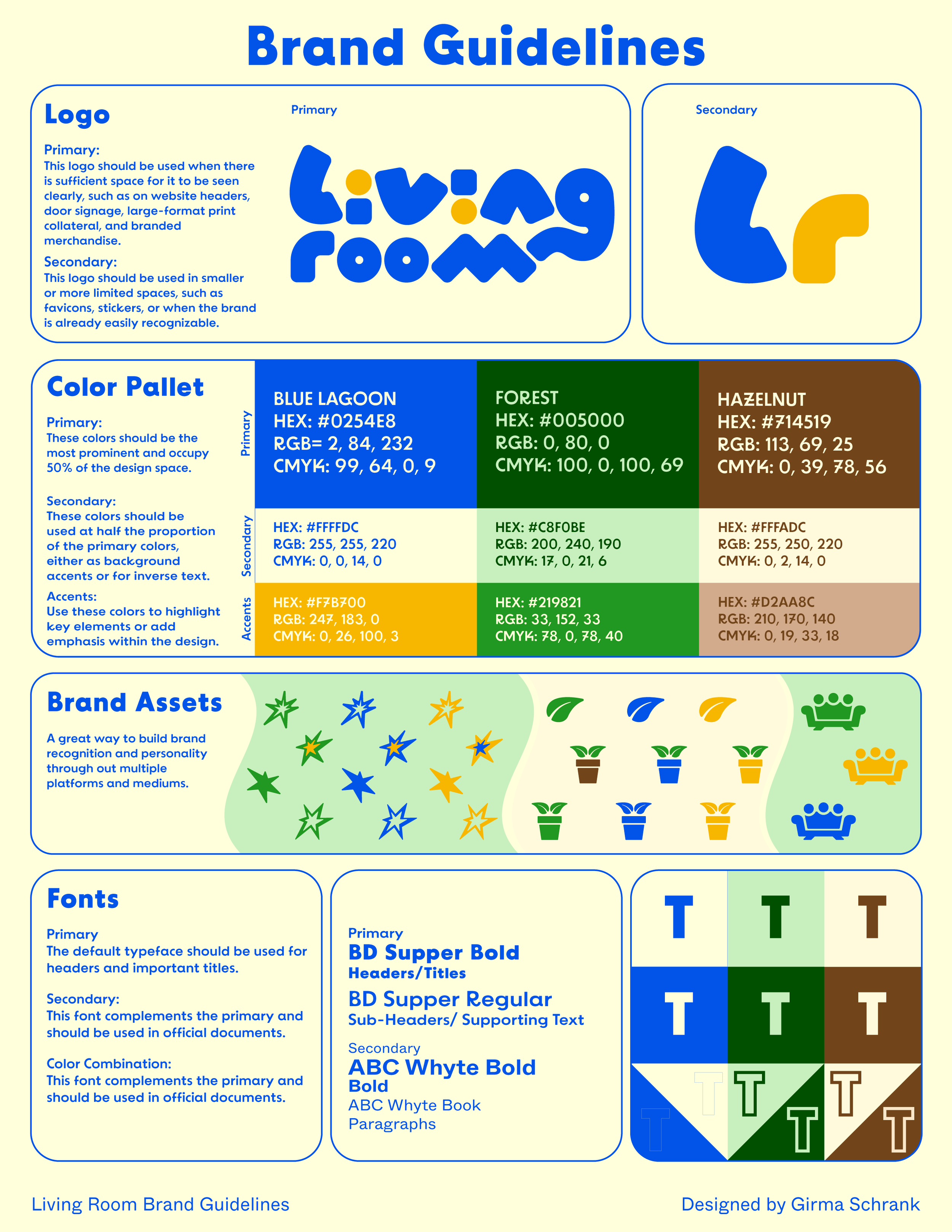 Living Room Brand Guidelines chart with sections on logo, color palette, brand assets, fonts, and headers, with outlined instructions and color specifications in blue, green, brown, and yellow.