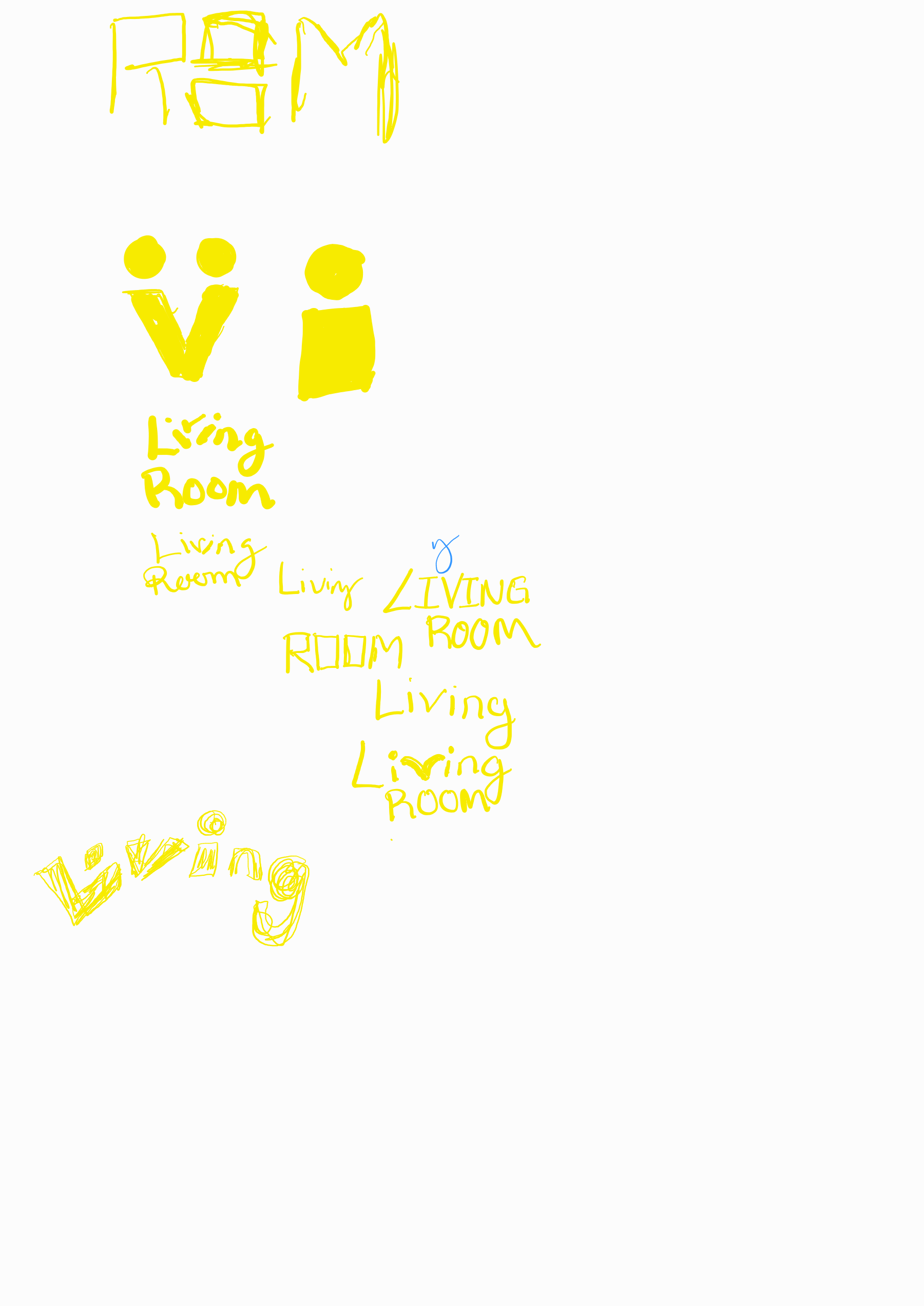Handwritten text in yellow says 'ROOM', 'Living Room', and 'Living' repeatedly. There is also a blue handwritten 'y' among the text. The words are scattered and vary in size.