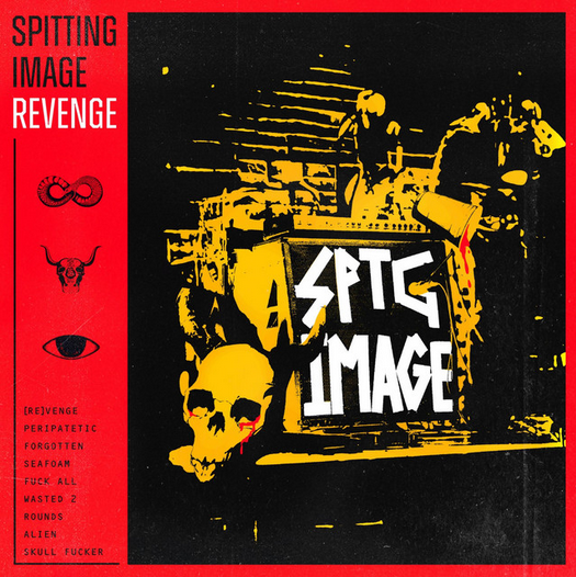 Album cover featuring a black and yellow graffiti-style design with the text 'Spitting Image Revenge'. Includes a skull and a bull head illustration, with a red sidebar listing song titles such as 'Revenge,' 'Peripatetíc,' and 'Seafoam.'