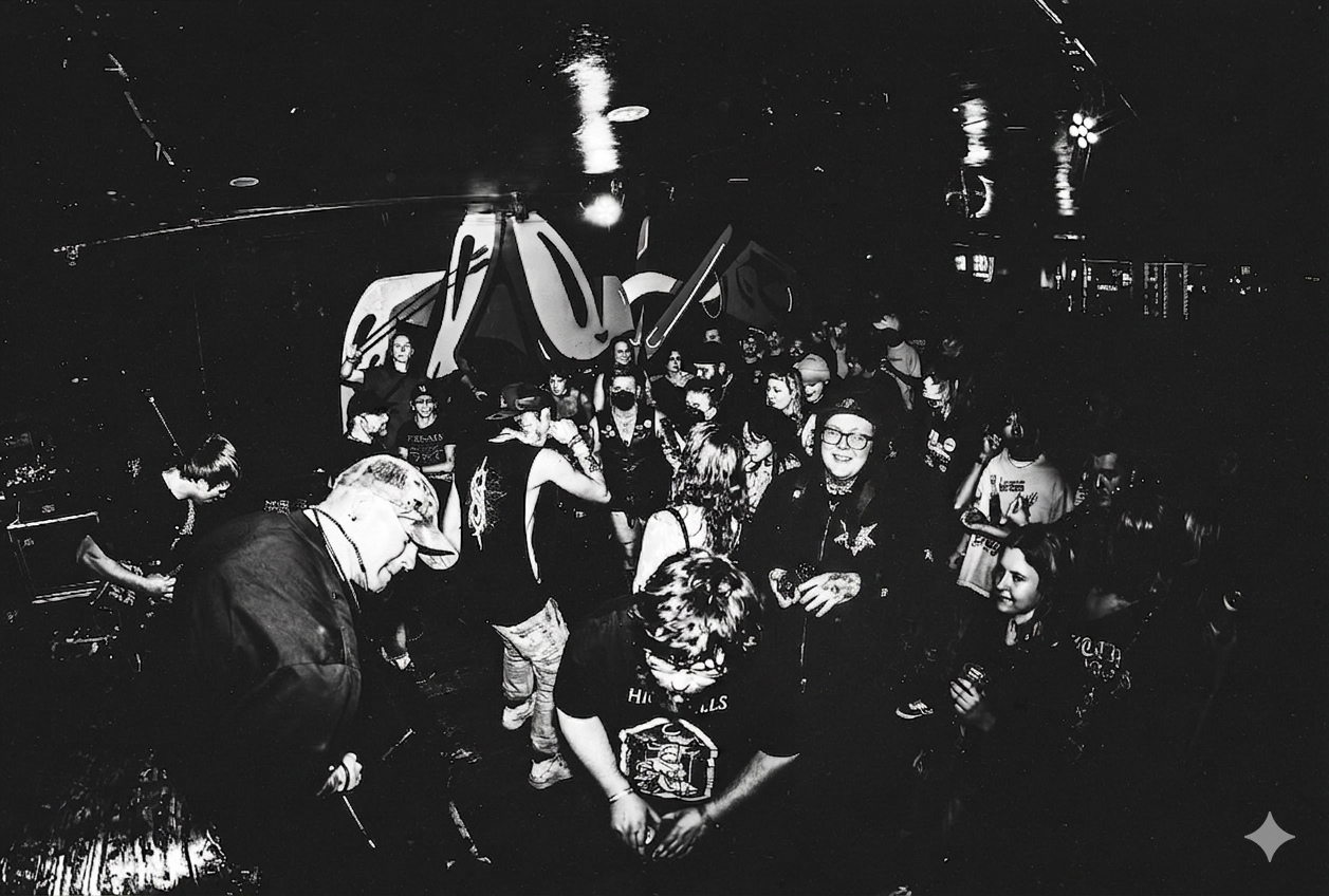 A black and white photo of a crowd of people, including children and adults, gathered at an indoor event, possibly a party or concert, with a large sculpture or design in the background.