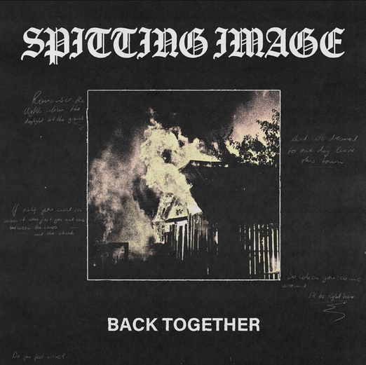 Album cover titled "Back Together" with a black background and a black-and-white photo of a house fire, surrounded by handwritten text and decorative elements.