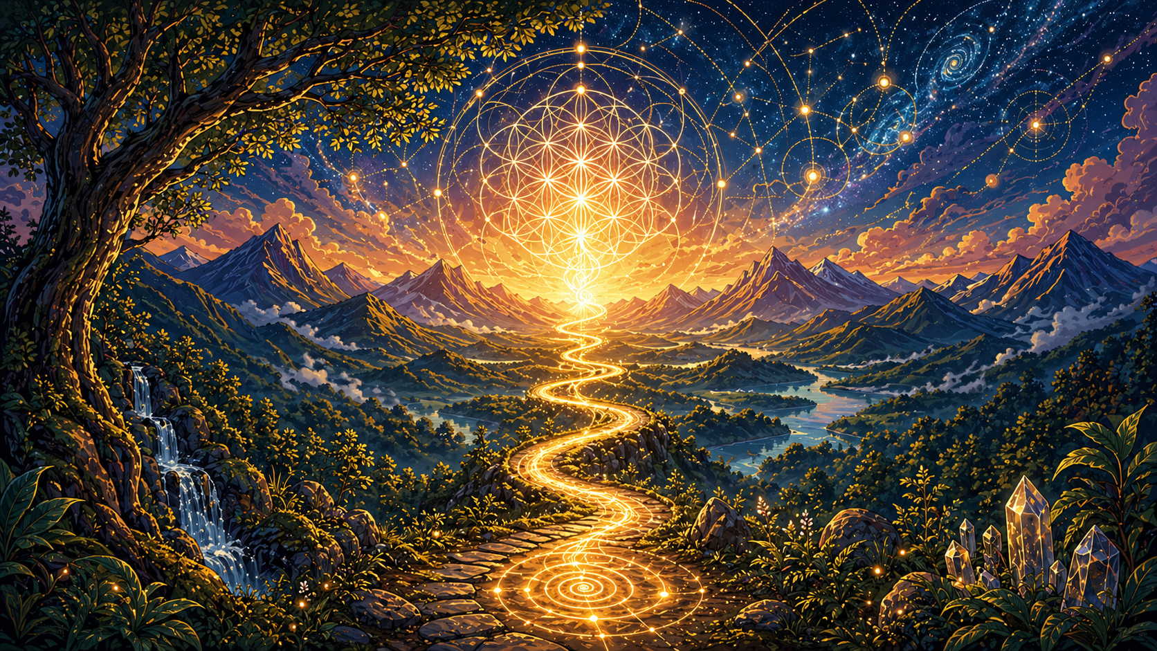 A surreal digital painting of a mountainous landscape at sunset with a winding glowing path leading to a luminous geometric pattern in the sky, surrounded by stars and cosmic circles.