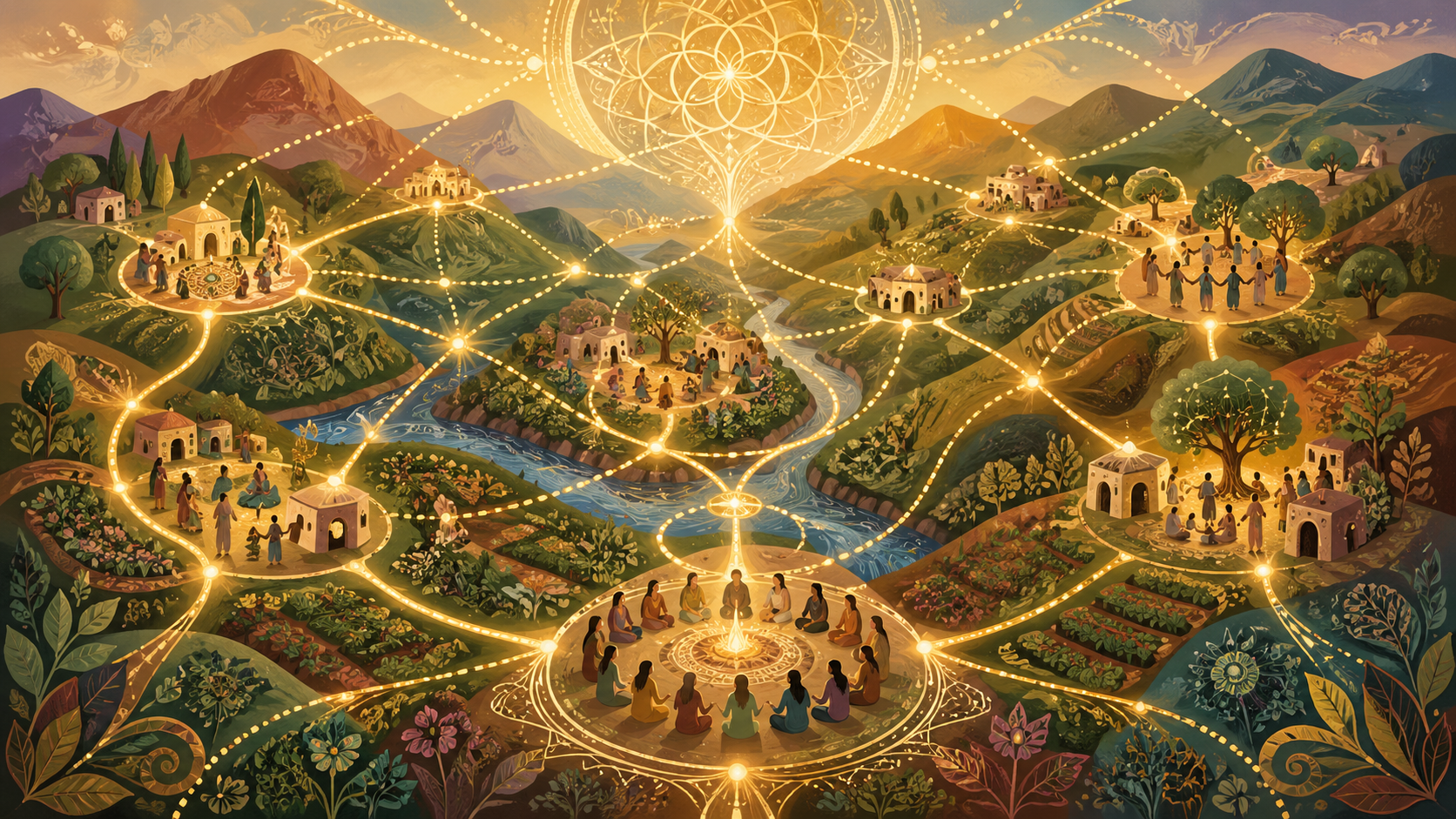 A vibrant landscape illustrating interconnected villages and communities in a lush, mountainous region with rivers. Glowing lines connect the villages, symbolizing energy or communication flow. In the center, a group of people sit in a circle, possibly meditating or having a spiritual gathering, with an intricate glowing pattern overhead. The scene is filled with trees, flowers, and houses, creating a harmonious, sacred community atmosphere.