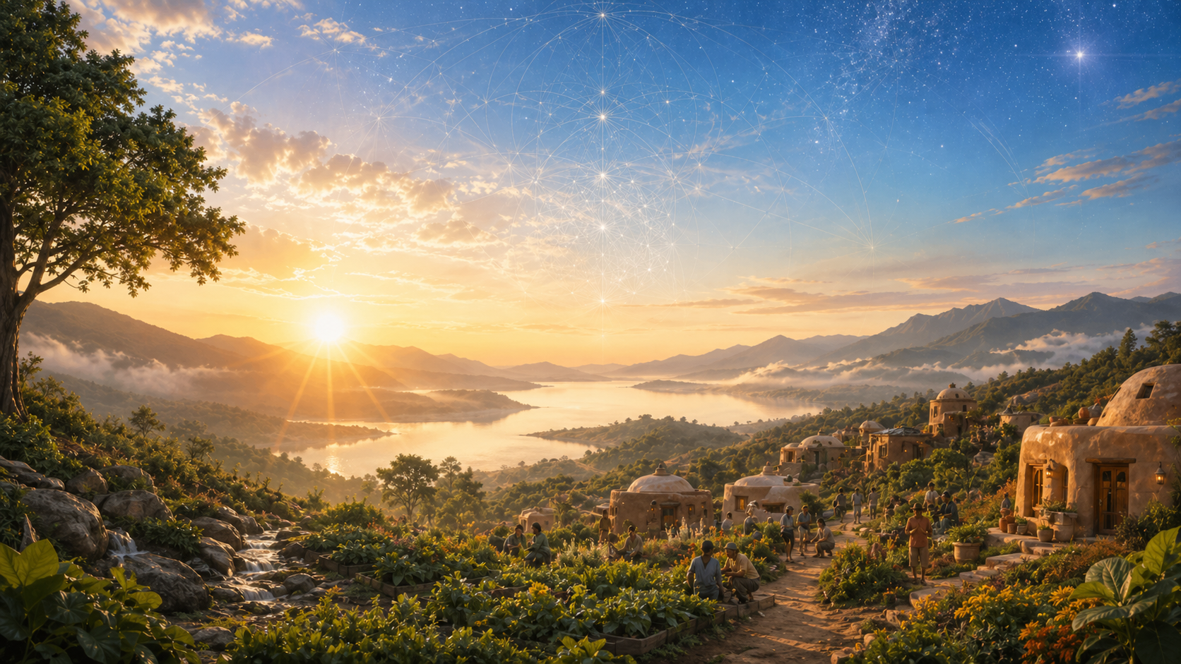 A scenic landscape at sunset with mountains, a river, and green vegetation. There is a village with dome-shaped houses and people walking and sitting in the foreground.
