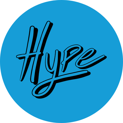 Blue circle with the word 'Hype' written in black, stylized cursive font.