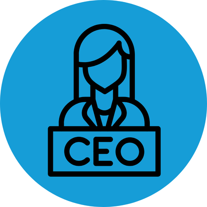 Icon of a female CEO with a sign that says 'CEO' in front of her, on a blue circular background.