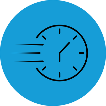 Clock with moving hands and speed lines indicating quick movement on a blue background.