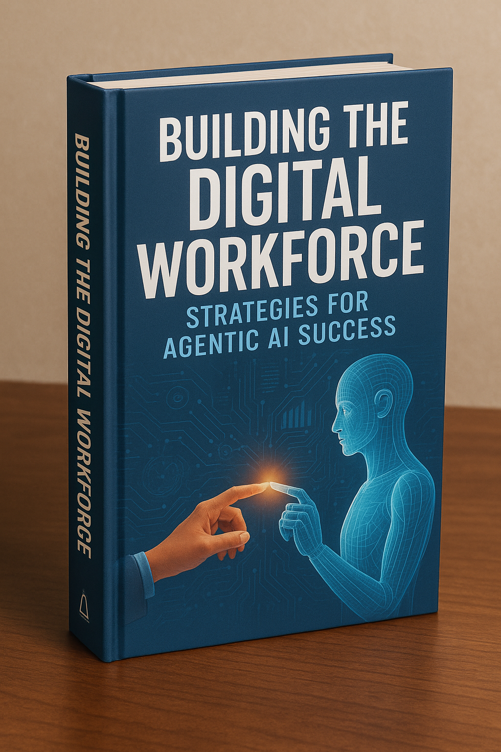 A book titled Building the Digital Workforce: Strategies for Agentic AI Success, with a graphic of a human body outline and a digital circuit pattern, and a hand touching a digital interface.