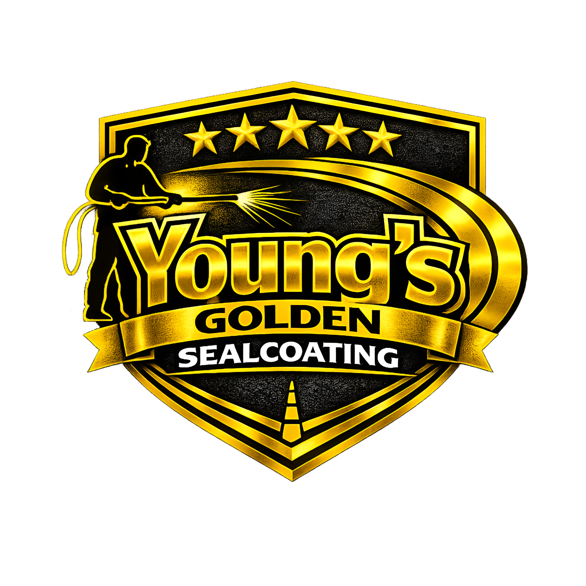 Gold-colored emblem with five stars at the top and a silhouette of a person holding a spray gun, along with text underneath.