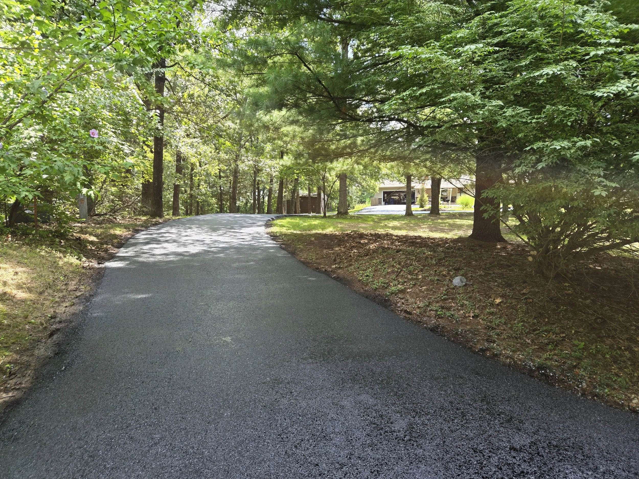 A paved driveway winding through a wooded area with tall trees and green foliage, leading to a house with a covered front porch.