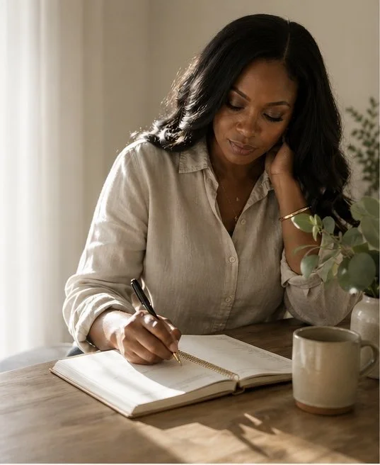 Woman sitting at a wooden table, writing in a notebook, with a mug and a potted plant nearby.