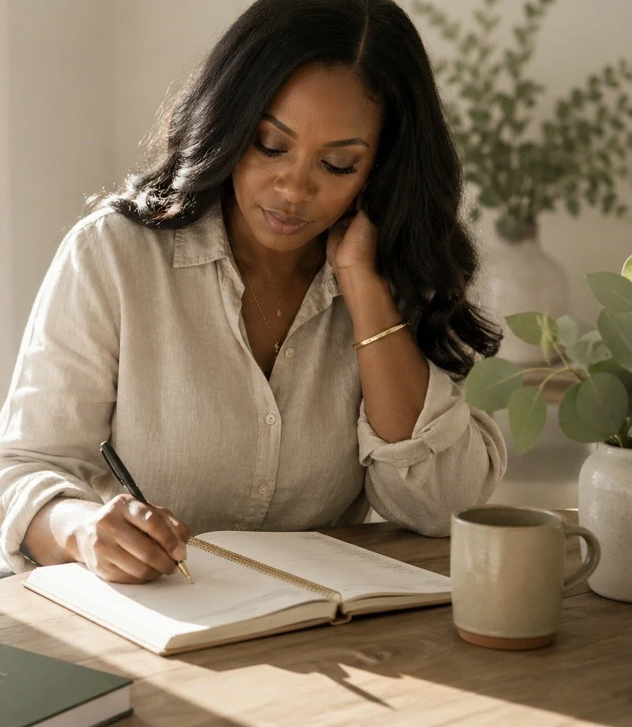 A woman with long black hair writing in a journal at a wooden table, with a mug and a potted plant nearby.