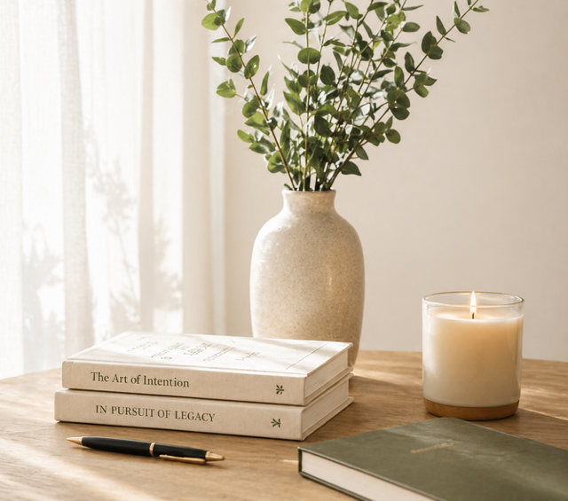 A wooden table with a stack of three white books, a black and gold pen, a closed dark green book, a lit white candle in a glass holder, and a large ceramic vase with green leafy branches near a window with sheer curtains.