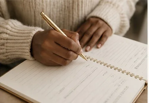Person writing in a notebook with a gold pen, wearing a beige sweater.