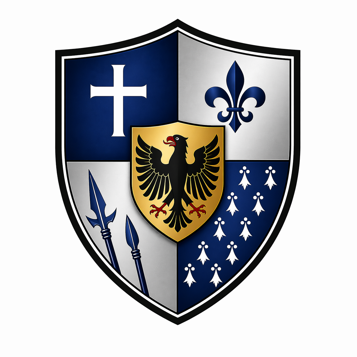 A shield emblem divided into four quadrants with a black eagle in a gold shield at the center. The top left quadrant has a white cross on a blue background, the top right has a blue fleur-de-lis on a gray background, the bottom left features two blue spears on a gray background, and the bottom right displays white fleurs-de-lis on a blue background.