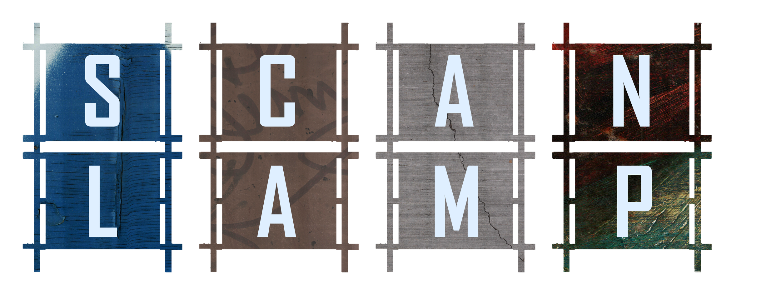 Letter tiles spell out 'SCAN LAMP'. The tiles have backgrounds of different textures and colors, including wood, concrete, and painted surfaces.